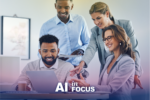 A group
                                    of diverse employees looking at a laptop to
                                    show how AI can make you a better manager
                                    with a text overlay that reads 